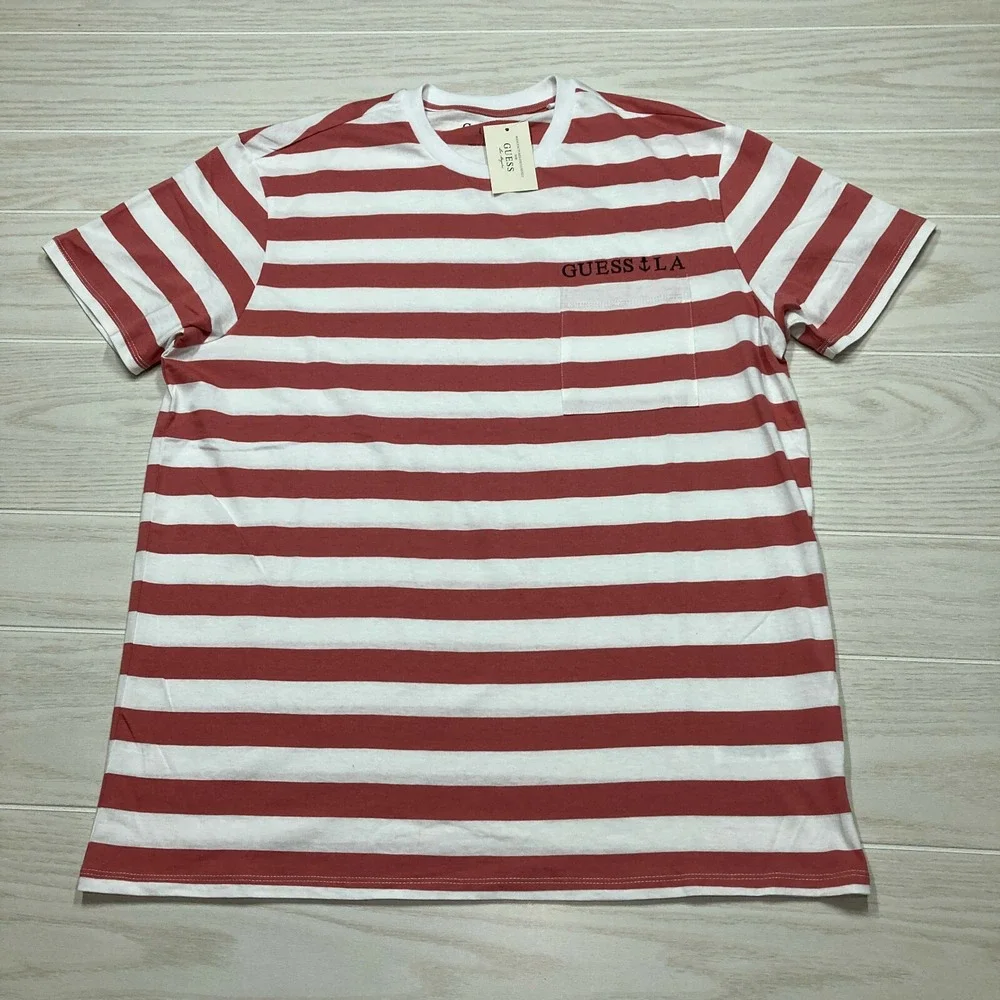 Guess Los Angeles Men's Nautical Stripe Pocket T-Shirt Sweet Rose Size Large - Picture 1 of 8